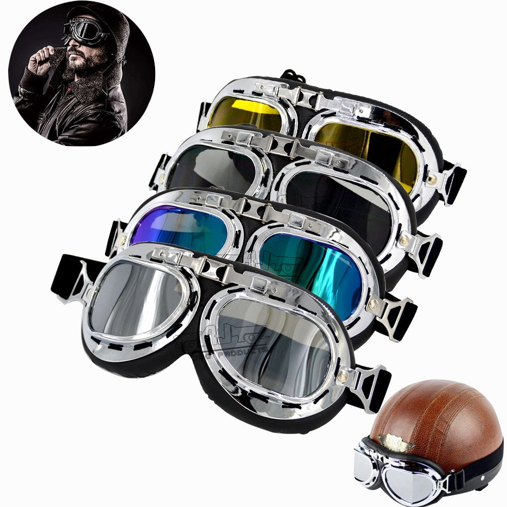 Retro Motorcycle Goggles Glasses Motorbike Pilot Steampunk Vintage ATV Biker Scooter Cruiser Jet Helmet Cycling Ski Sunglasses - Mall4Me