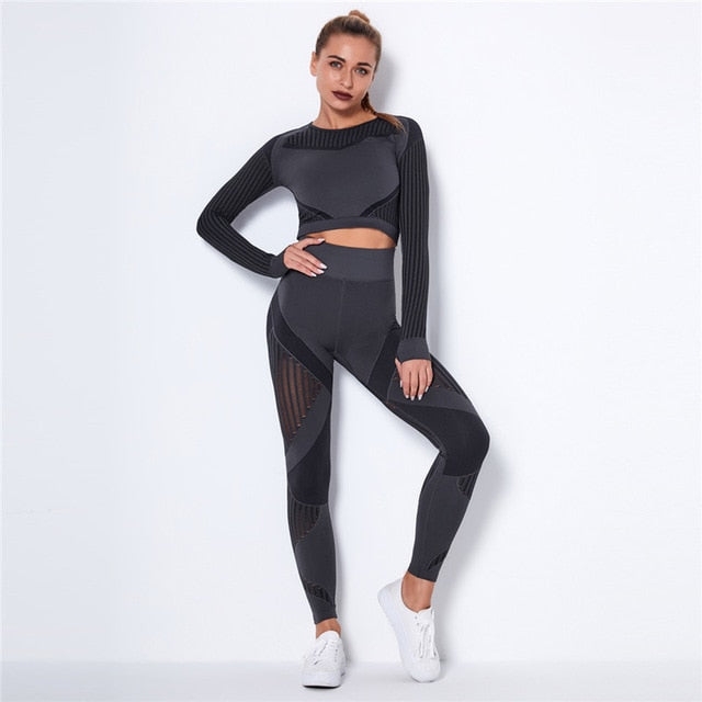 Hollow Out Seamless Yoga Set Sport Outfits Women Black Two 2 Piece Crop Top Bra Leggings Workout Gym suit Fitness Sport Sets - Mall4Me