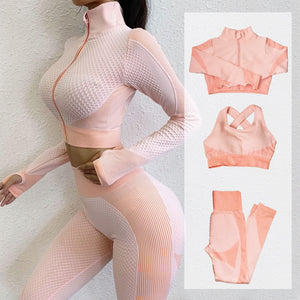 Fitness Suits Yoga Women Outfits 3pcs Sets Long Sleeve Shirt+Sport Bra+Seamless Leggings Workout Running Clothing Gym Wear,LF051 - Mall4Me