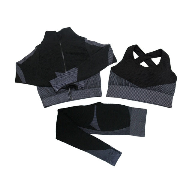 Fitness Suits Yoga Women Outfits 3pcs Sets Long Sleeve Shirt+Sport Bra+Seamless Leggings Workout Running Clothing Gym Wear,LF051 - Mall4Me