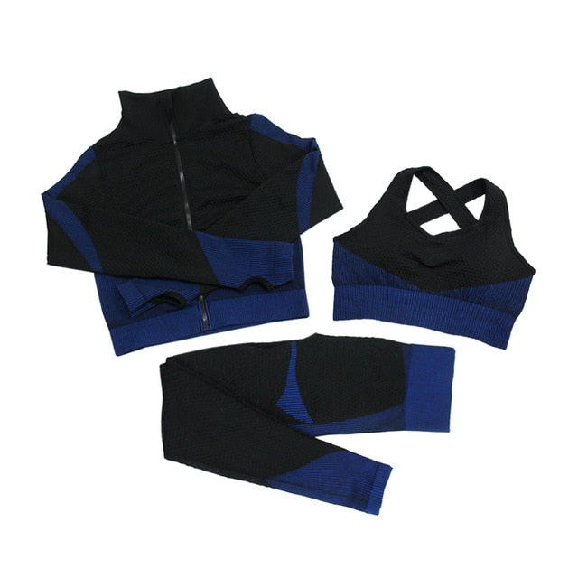 Fitness Suits Yoga Women Outfits 3pcs Sets Long Sleeve Shirt+Sport Bra+Seamless Leggings Workout Running Clothing Gym Wear,LF051 - Mall4Me