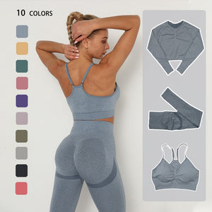 Seamless Yoga Set Women Workout Sportswear Gym Clothing Fitness Long Sleeve Crop Top High Waist Leggings+Sport Bra Sports Suits - Mall4Me