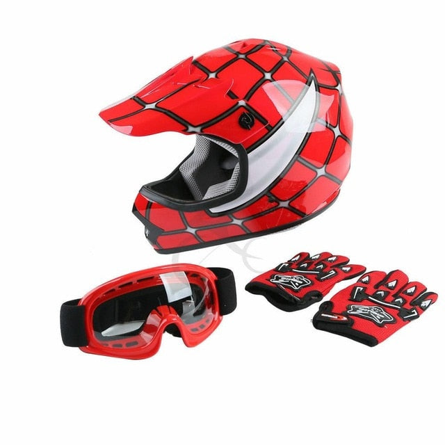 Motorcycle DOT Sports Safty Helmet Youth Kid Child Red Spider Net Dirt Bike Motocross ATV Helmet Goggles+Gloves S~XL full face - Mall4Me