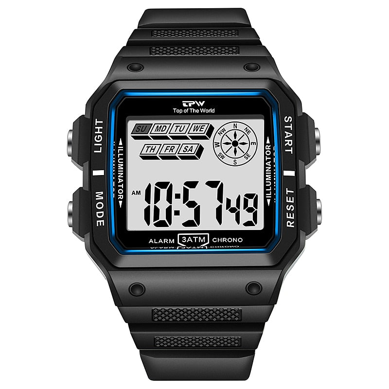 Shock Resistant Watches 3ATM Waterproof Alarm Chrono Rectangle Dial Canlender Black Light Tough Structure - Mall4Me